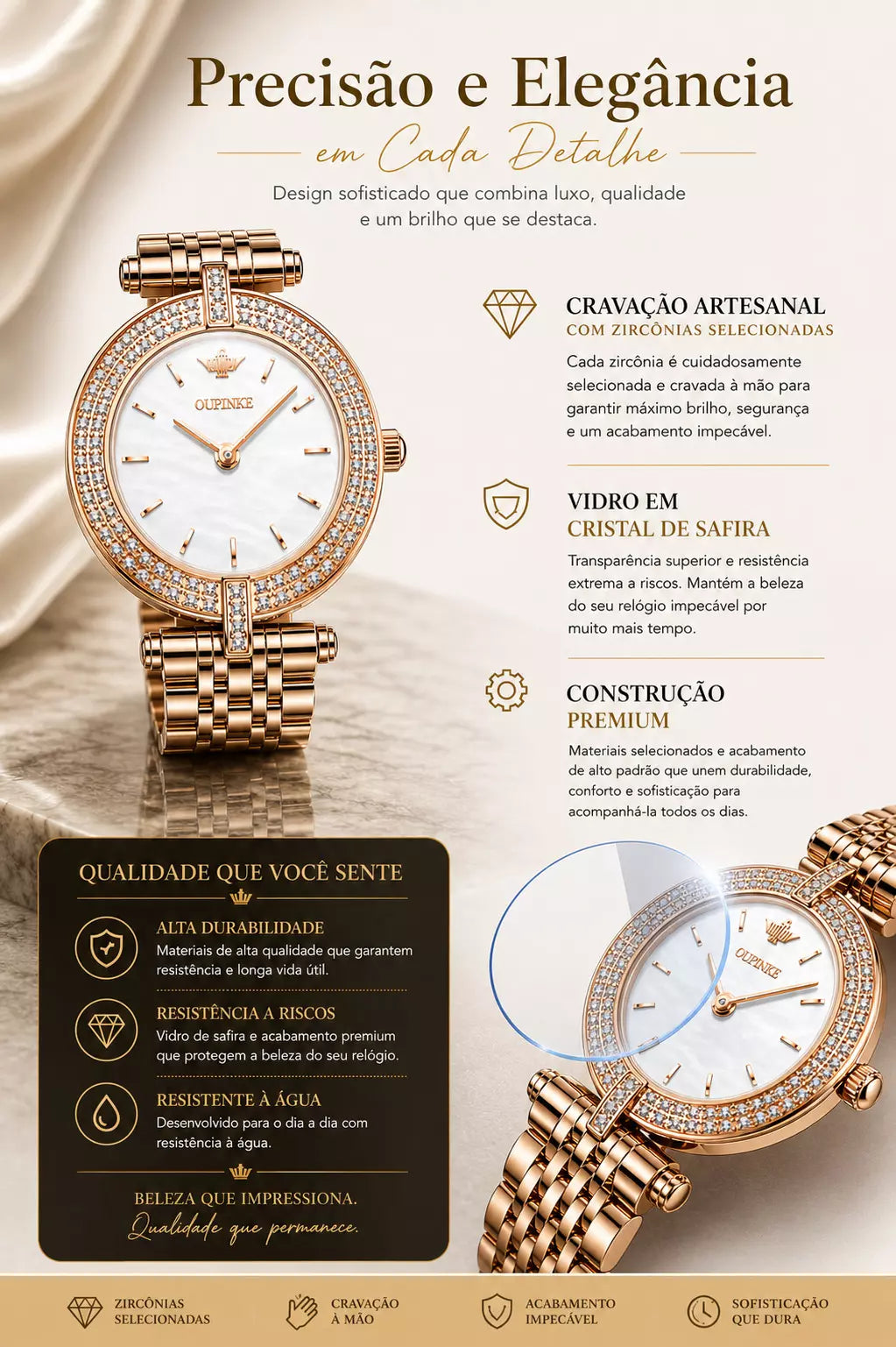 Relógio Feminino Dourado Celebriné Gold White