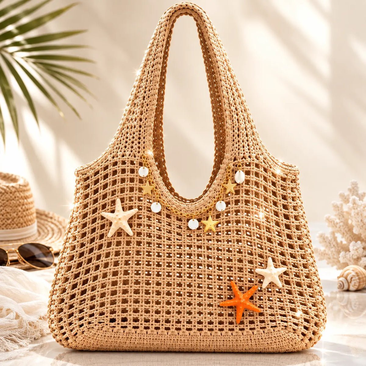 bolsa de praia de crochê  grande e chique lavinni Brisa descorada com estrelas do mar com cenário de resort de luxo com corais.