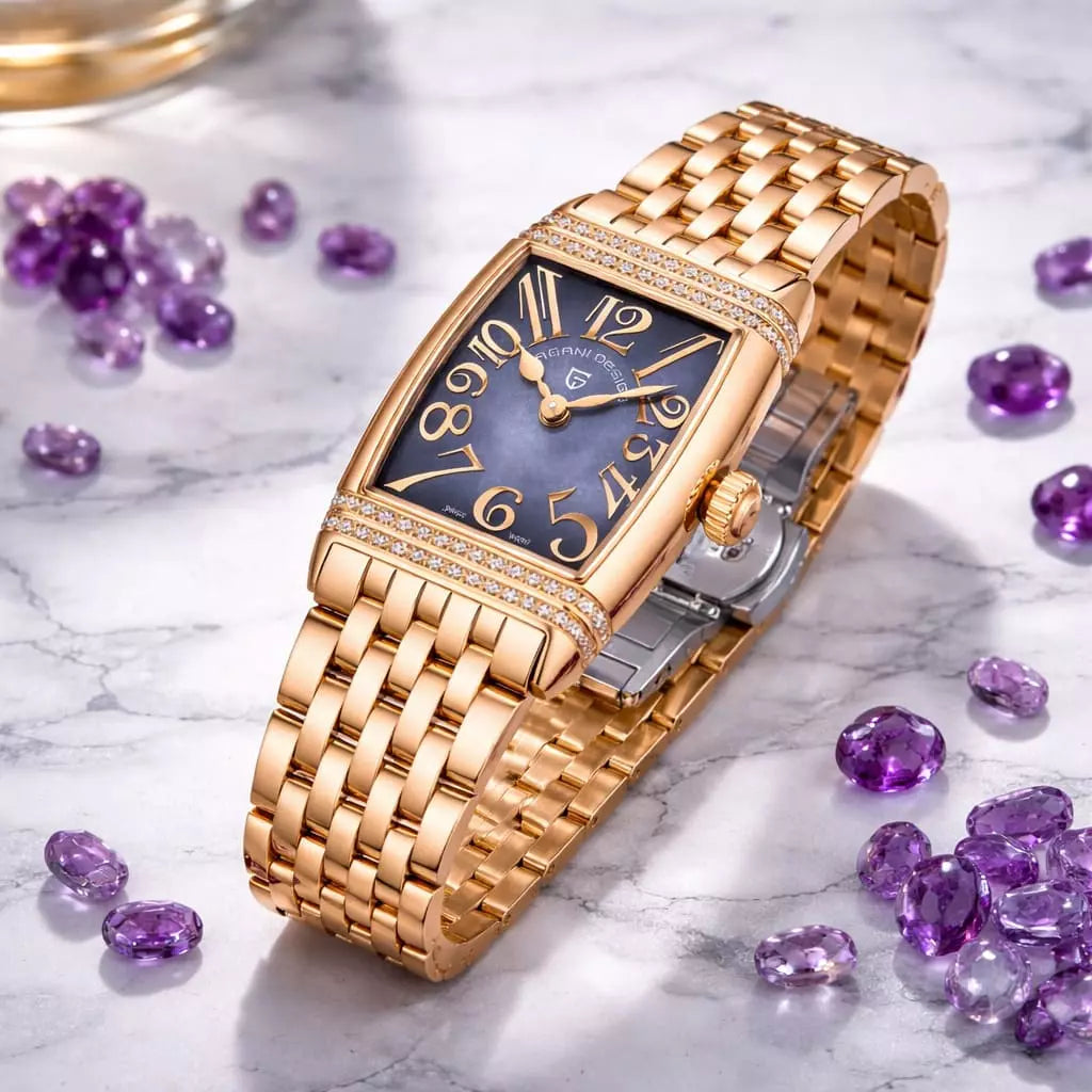 Relógio Feminino Dourado Diamond Purple Gold