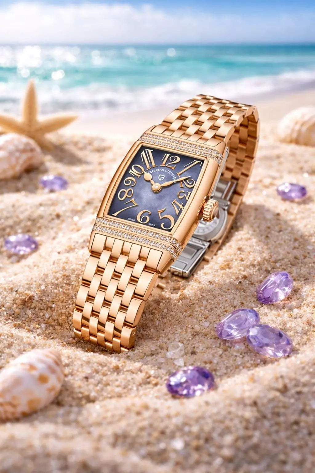 Relógio Feminino Dourado Diamond Purple Gold