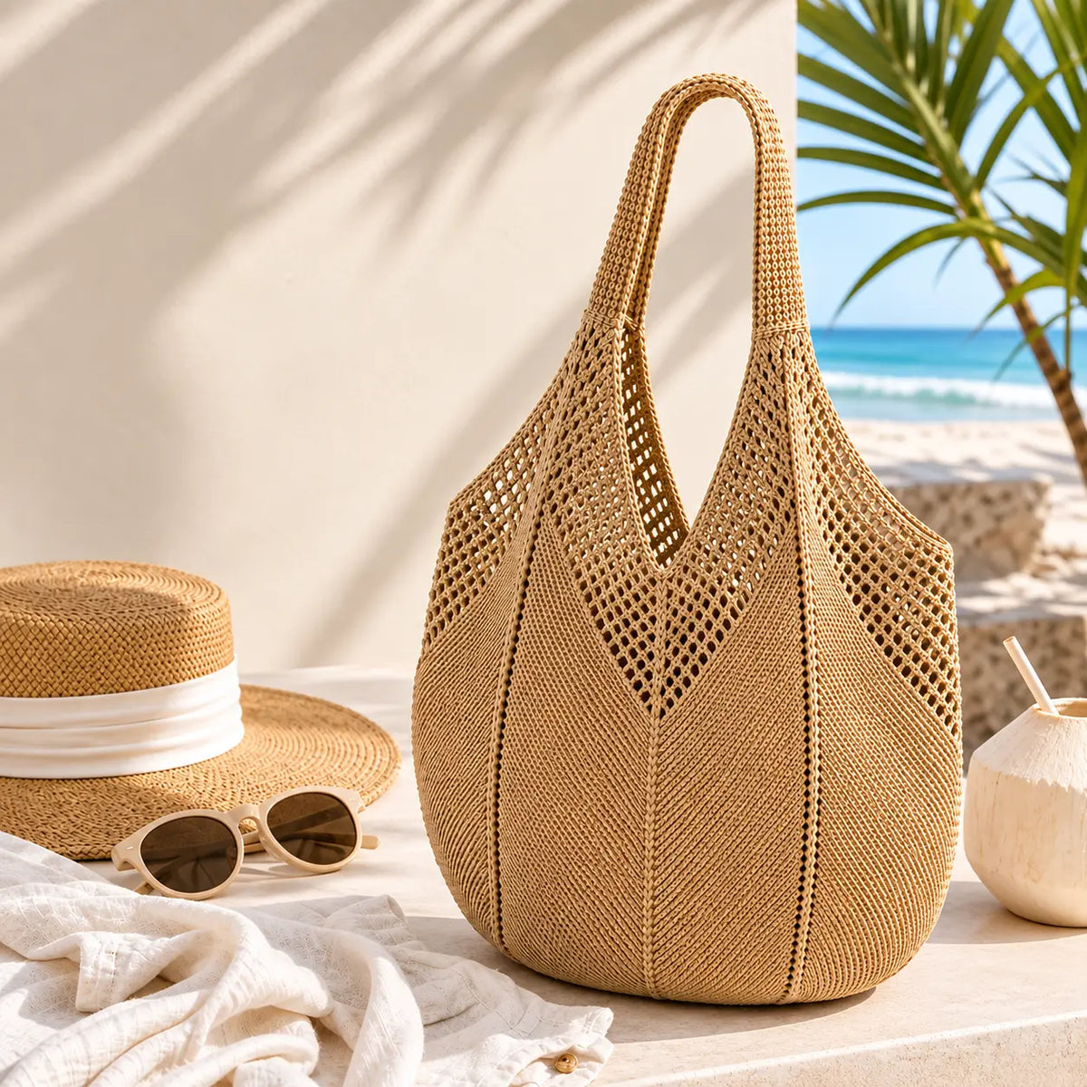 Bolsa de praia de crochê Lavinni Amalfi Mesh em tom areia ao lado de chapéu de palha, óculos de sol e coco com canudo em cenário de praia.