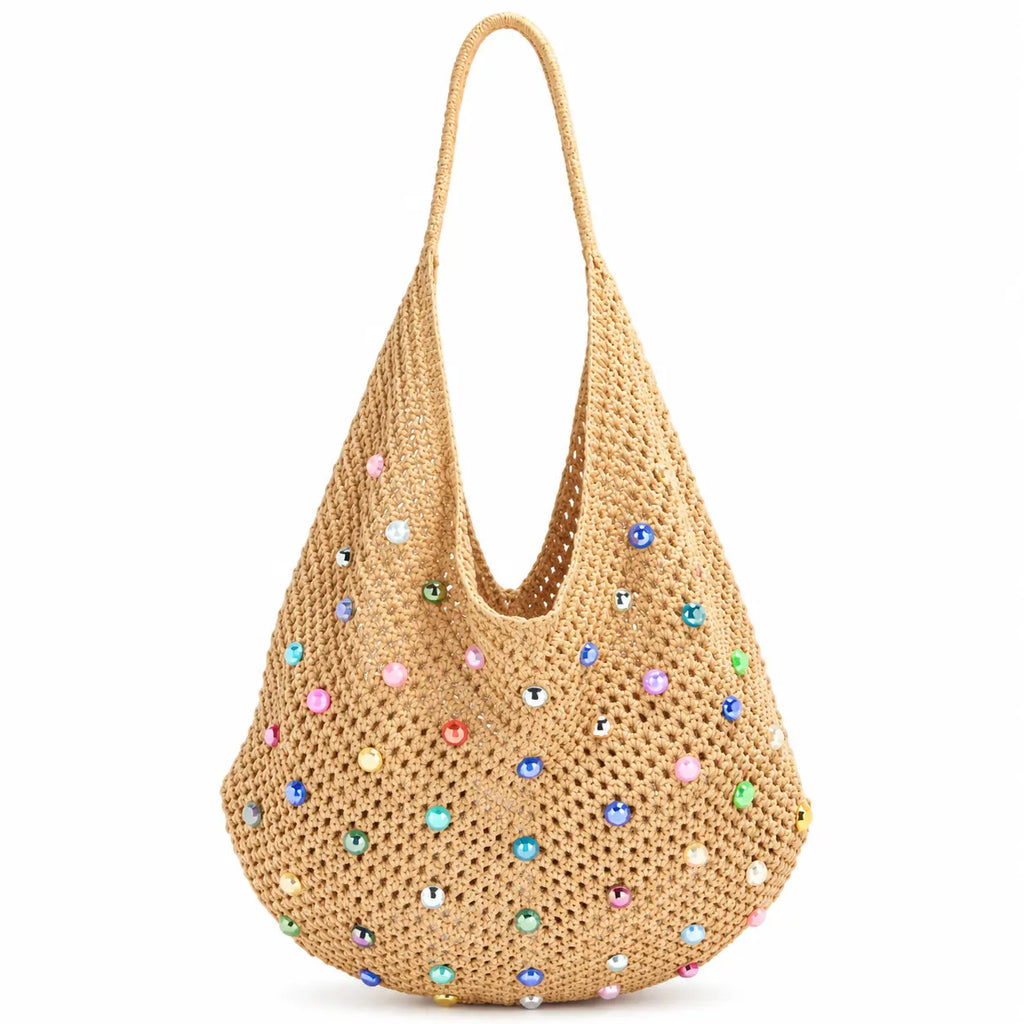 Bolsa de crochê de praia Lavinni Capri Pearl em tom cáqui com formato hobo e aplicações de contas coloridas brilhantes.