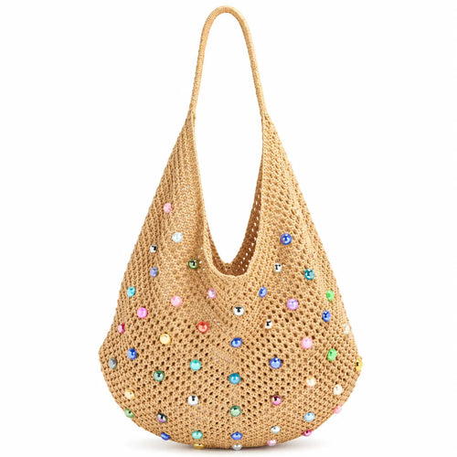 Bolsa de crochê de praia Lavinni Capri Pearl em tom cáqui com formato hobo e aplicações de contas coloridas brilhantes.
