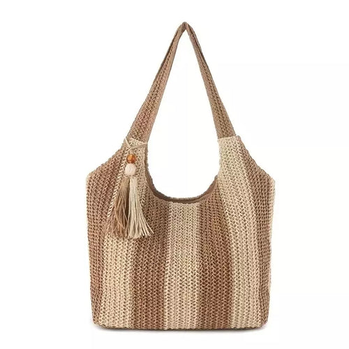 Bolsa de crochê de praia Lavinni Sunset Stripes com listras verticais bege e marrom em degradê e pingente de franja.