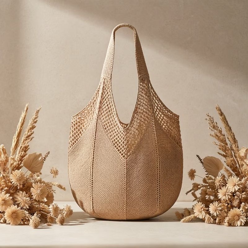 Bolsa de praia de crochê Lavinni Amalfi Mesh em tom areia posicionada em cenário decorativo com arranjos rústicos de flores secas.