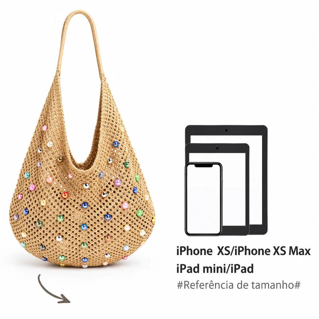 Referência de tamanho da bolsa de praia grande Lavinni Capri Pearl em tom cáqui ao lado de ilustrações comparativas de iPhone e iPad.