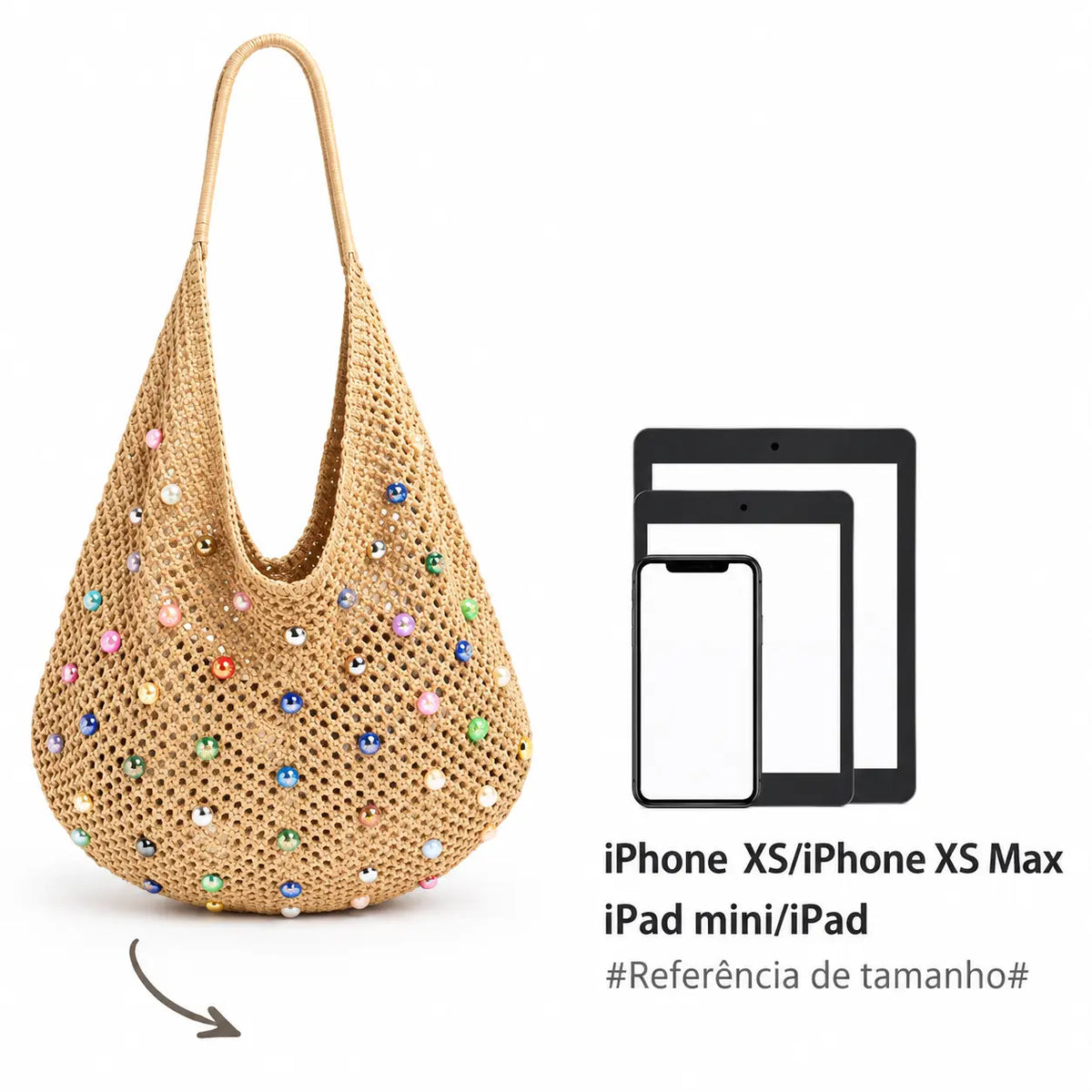 Referência de tamanho da bolsa de praia grande Lavinni Capri Pearl em tom cáqui ao lado de ilustrações comparativas de iPhone e iPad.