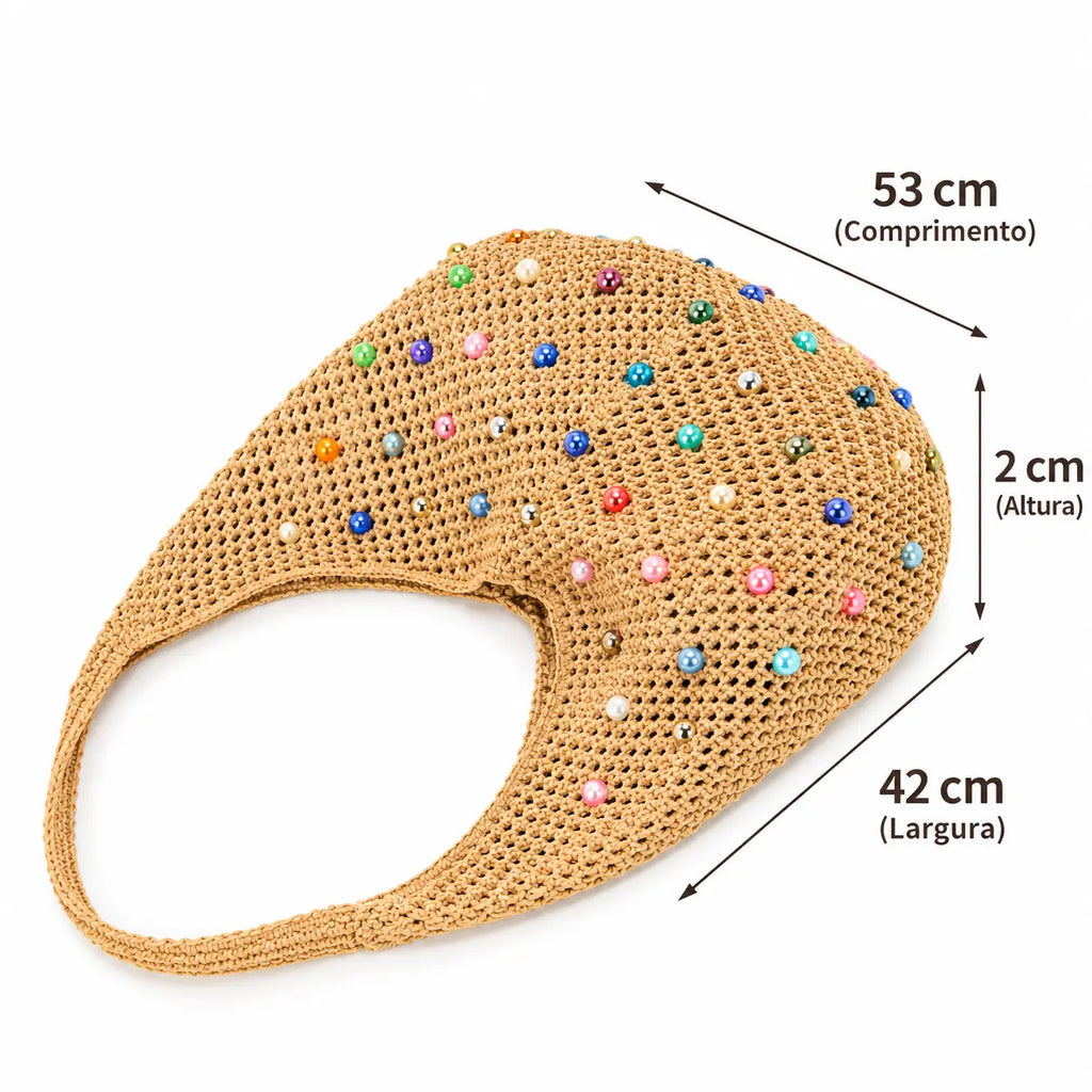 Dimensões da bolsa de praia grande Lavinni Capri Pearl mostrando 53cm de comprimento, 42cm de largura e 2cm de altura da base.