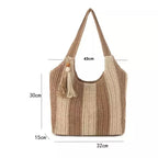 Dimensões da bolsa de praia grande Lavinni Sunset Stripes mostrando 32cm de largura, 30cm de altura, 15cm de profundidade e alça de 43cm.