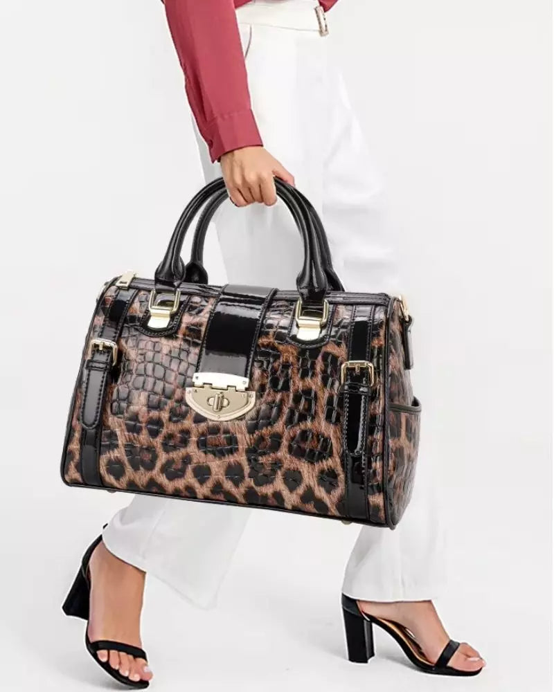 bolsa feminina de couro grande Varelle Leopard