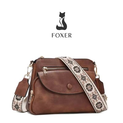 bolsa feminina transversal de couro  marrom  Foxer Éloane Camel