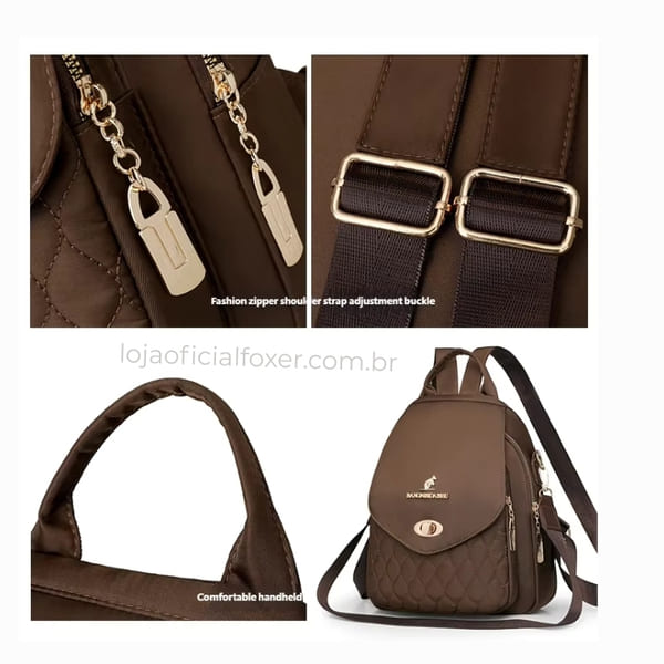 Detalhes do acabamento da mochila  Bella luxe zíper e alça ajustável