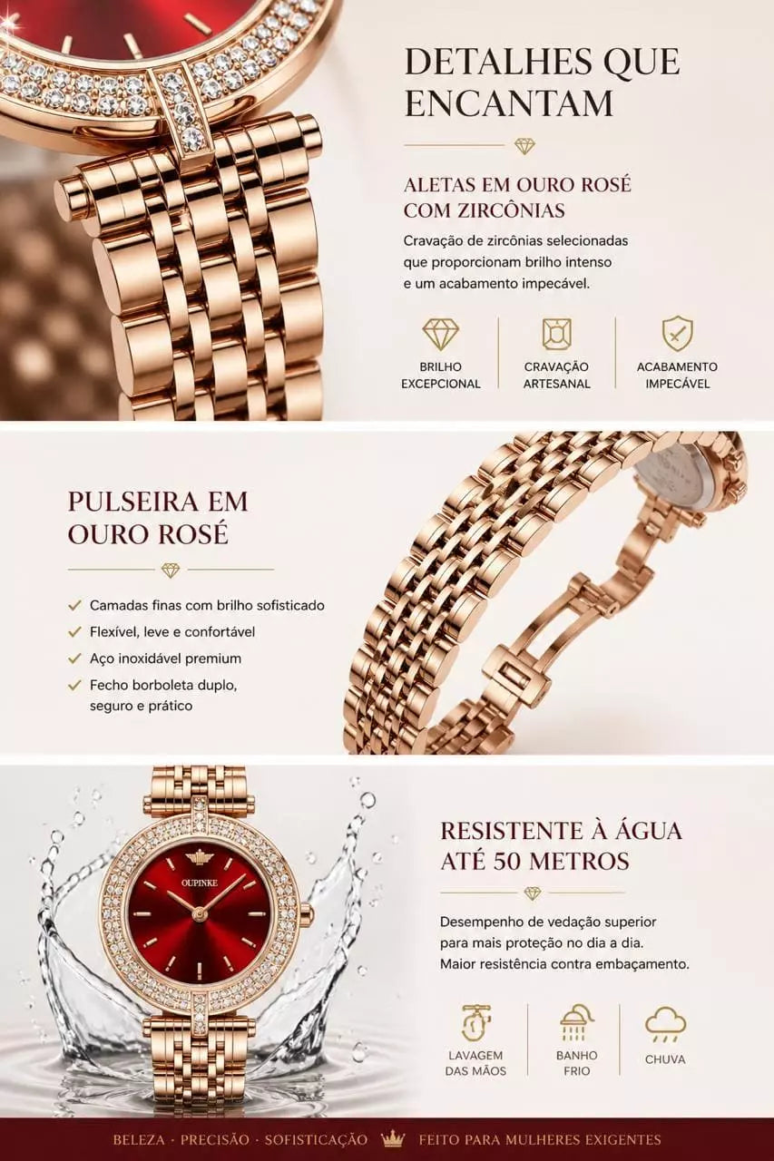 Relógio Feminino Dourado Celebriné Red Gold
