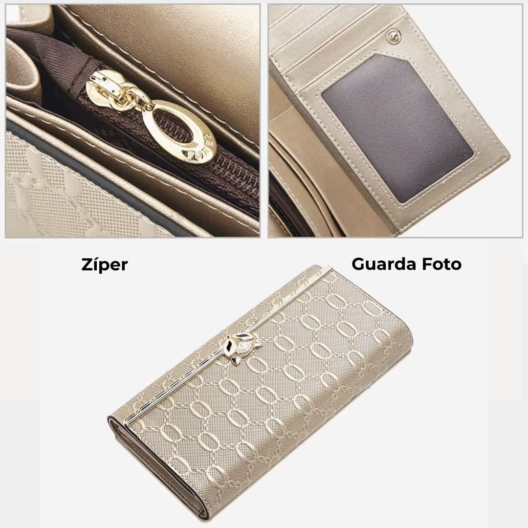 Carteira Feminina Grande De Couro Refinado Modelo Sélune Beige