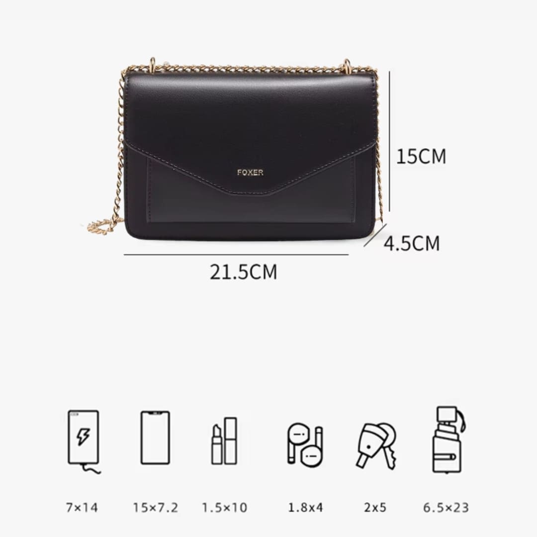 Bolsa feminina transversal FOXER Arvelle Black medidas e tamanho