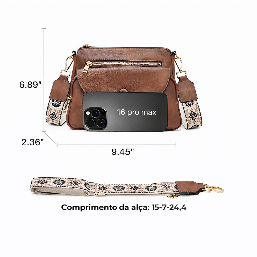 bolsa feminina transversal de couro genuíno  Foxer Éloane Camel