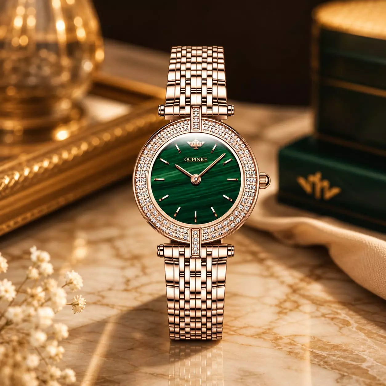 Relógio Feminino Dourado Celebriné Green Gold